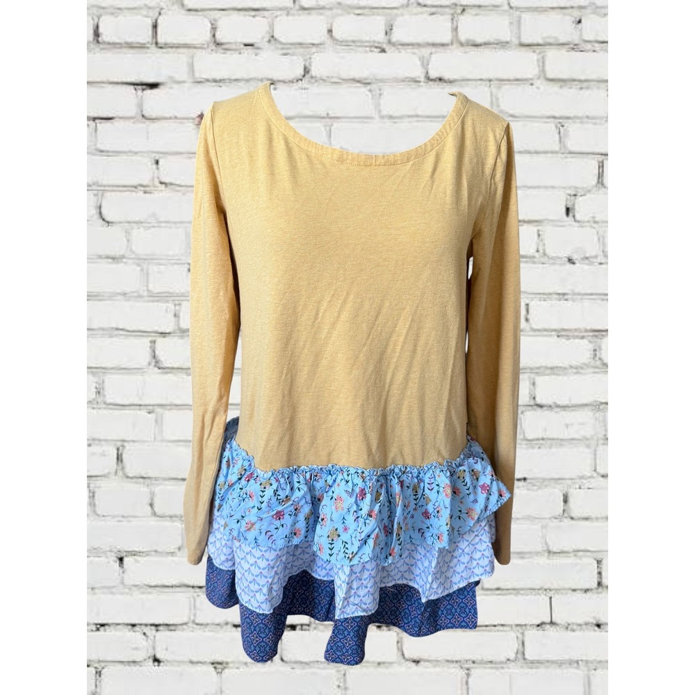 Matilda Jane Tunic Top Womens M Yellow Floral Mixed Media Tiered Ruffle Hem